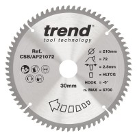 Trend Aluminium / Plastic Circular Saw Blade - 210mm dia x 2.8 kerf x 30 bore 72T