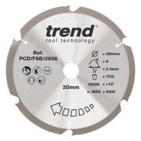 Trend PCD Fibre Cement Circular Saw Blade - 260mm dia x 2.4 kerf x 30 bore 6T