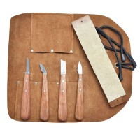 Beber BEBKIT2 4 Piece Chip Carving Set with Strop in Leather Tool Roll